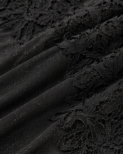 Women's Lace V Neck Jumpsuit Sheer Lantern Sleeve High Waist Straight Leg Overalls with Belt