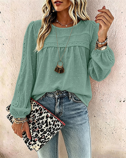 Women's Hollow-Out Lace Spliced Lantern Sleeve Top Elegant 3D Jacquard Chiffon Blouse for Work and Daily Wear