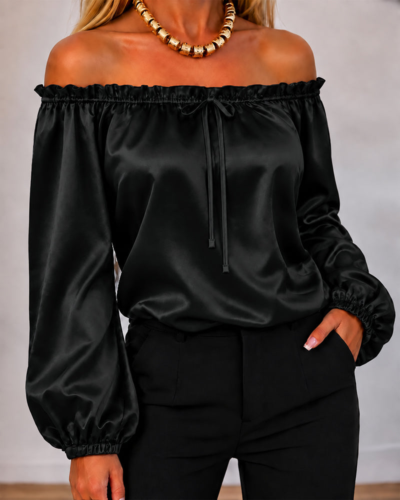 CHICMELIVE Off Shoulder Satin Tops Women Ruffle Tie Front Blouse
