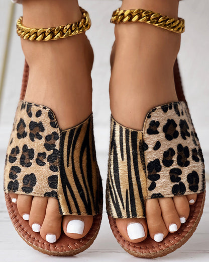 Zebra Stripe Leopard Pattern Toe Post Slippers