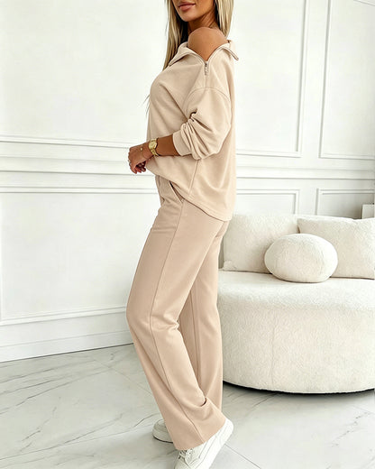 Women's 2 Piece Sweatsuit Set Mock Neck Zip Sweatshirt and High Waisted Straight Leg Sweatpants Casual Loungewear