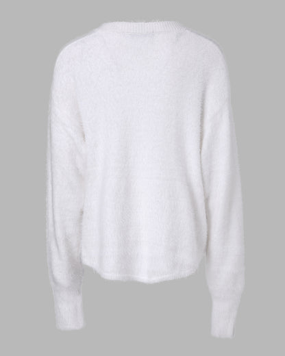 V-Neck Long Sleeve Beaded Decor Oversized Sweater Fluffy Pullover Top