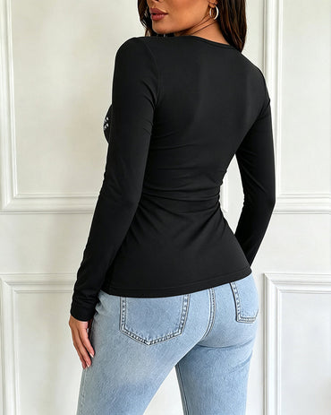 Women's Deep V Neck Rhinestone Top Slim Fit Long Sleeve Ribbed Knit Tee Sparkly Blouse