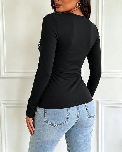 Women's Deep V Neck Rhinestone Top Slim Fit Long Sleeve Ribbed Knit Tee Sparkly Blouse