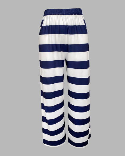 2 Pieces Outfit Anchor Pattern Short Sleeve Top and Striped Elastic Waist Pants Set Casual Pajamas Set