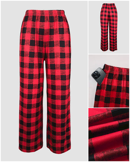 2 Pieces Outfit Christmas Tree Print Plaid Print Spliced Long Sleeve Top and Plaid Print Elastic Waist Pants Set Casual Pajamas Set