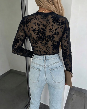 Women's Mesh Flocked Floral Top Lined Sheer Long Sleeve Tee Crewneck Slim Fit Layering Under Base Top with Thumbholes