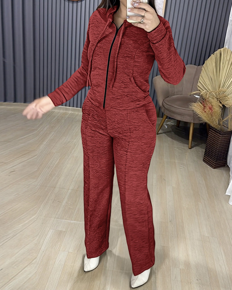 2 Pieces Outfit Long Sleeve Zip Up Drawstring Hoodie Coat and Casual Elastic Waist Seam Front Wide Leg Pants Set