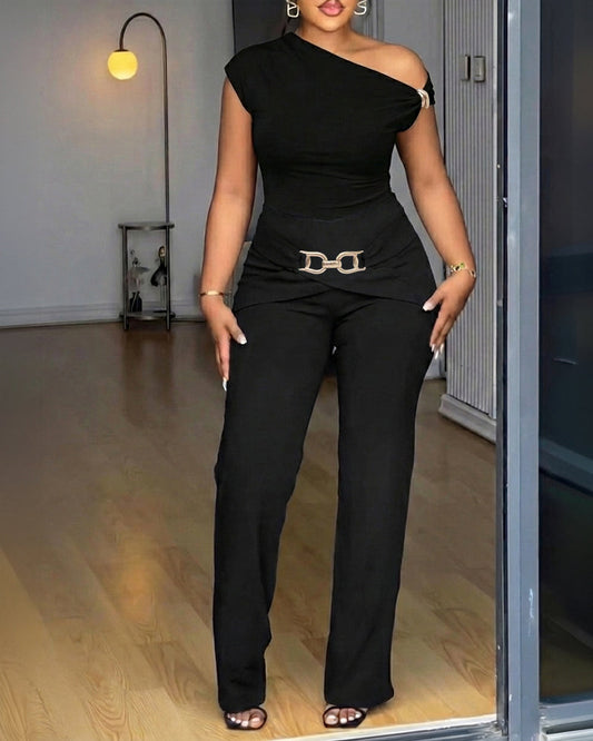 ChicMeLive Women's 2 Piece Set Skew Neck Slim Fit Top and Elastic Waist Flare Pants with Metal Detail