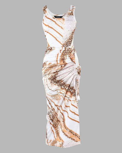 Marble Print U-Neck Sleeveless Ribbed Dress Casual Drawstring Ruched High Slit Vacation Dress