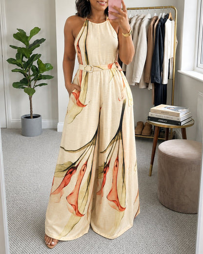 Women's Elegant Ink Floral Print Wide Leg Jumpsuit Casual Sleeveless Vacation Overalls with Belt