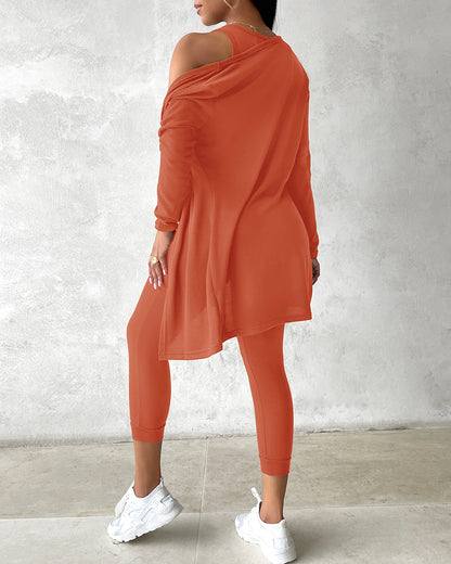 3 Piece Lounge Set Crewneck Sleeveless Tank Top Long Sleeve Open Front Coat Pants Sweatsuit