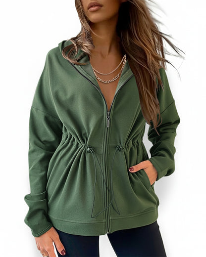 Long Sleeve Waist Drawstring Hooded Coat Casual Loose Fit Cardigan Jacket with Pockets