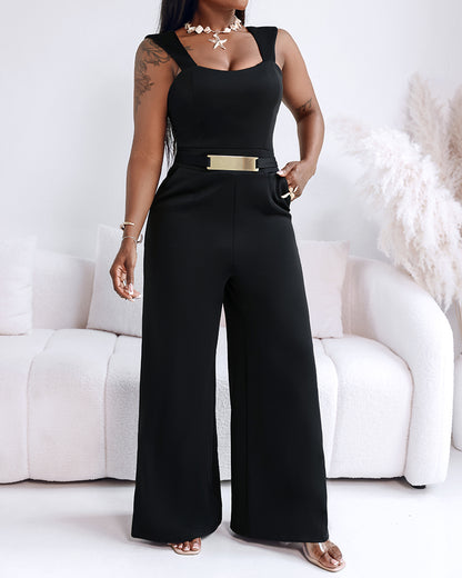 2 Pieces Outfit Metal Decor Square Neck Thick Strap Zipper Back Cinched Waist Wide Leg Jumpsuit and Casual Crop Cardigan Set