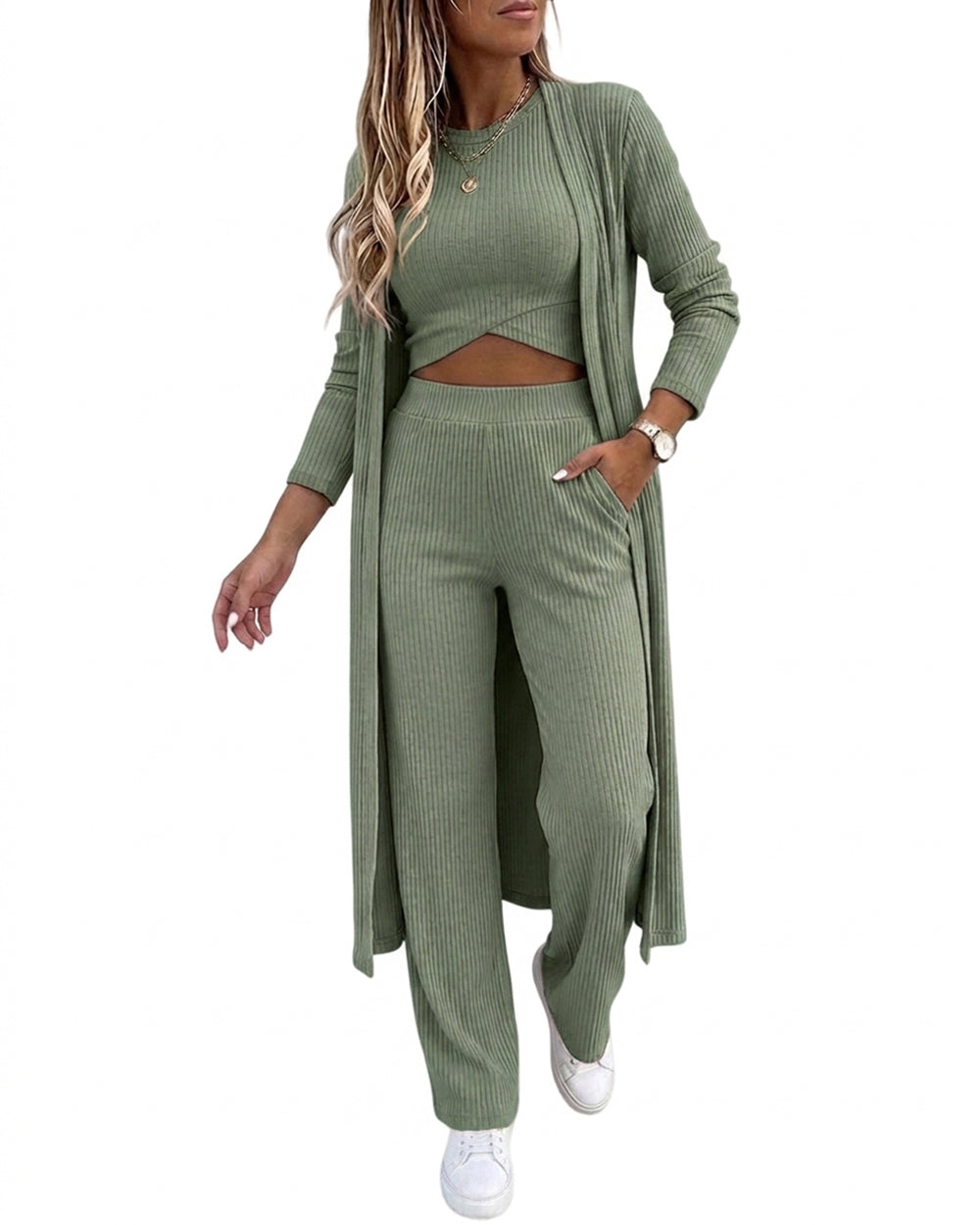 CHICMELIVE Women's 3 Piece Lounge Set Ribbed Cardigan Tank Wide Leg Pant