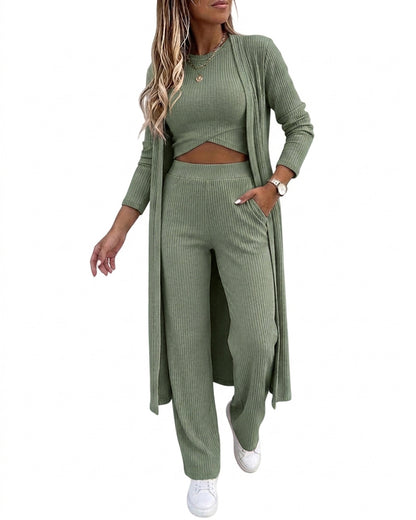 CHICMELIVE Women's 3 Piece Lounge Set Ribbed Cardigan Tank Wide Leg Pant