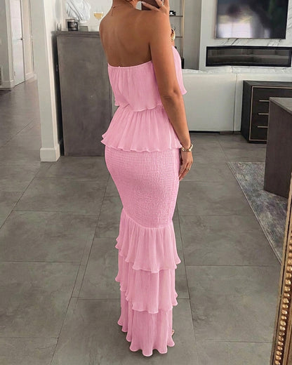 Layered Ruffle Shirred Slim Fit Strapless Dress Textured Maxi Party Dress