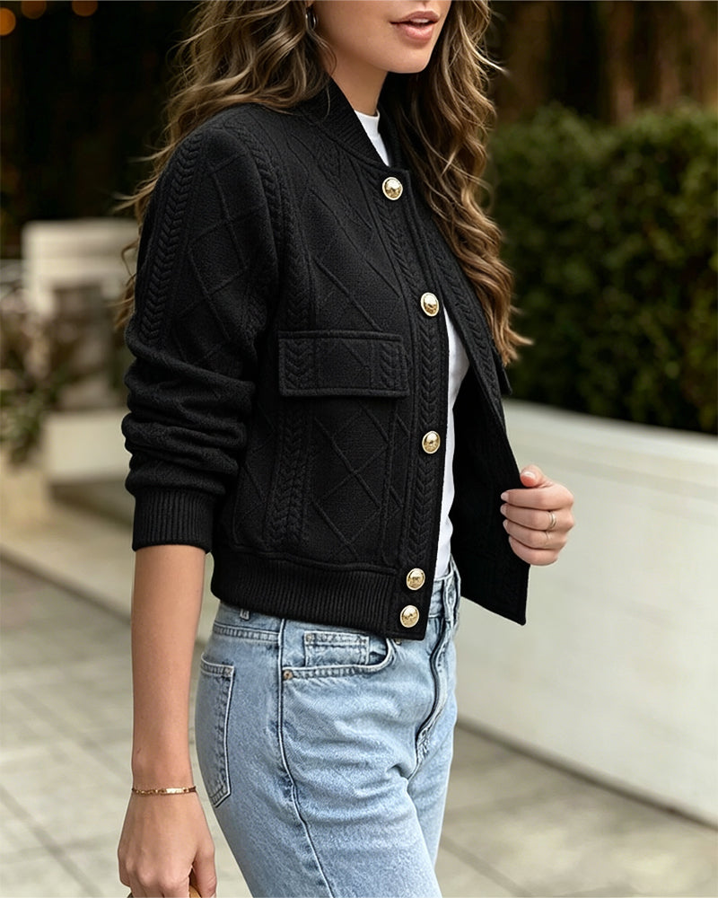 Women's Vintage Argyle Cable Knit Bomber Jacket Elegant Baseball Collar Button Down Cropped Coat with Flap Pockets