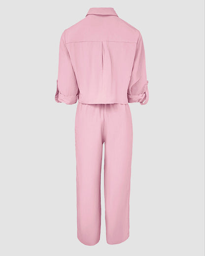 2 Pieces Outfit Turn-down Collar Turn-Up Sleeves Button Front Flap Pockets Design Top and Causal Zipper Fly Elastic Back Waist Wide Leg Pants Set