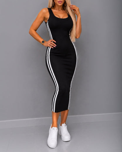 Women's U Neck Sleeveless Tank Dress Contrast Side Striped Midi Bodycon Dress Casual Backless Sundress