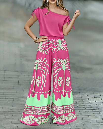 ChicMeLive Women's 2 Piece Set Skew Neck Drawstring Top and High Waisted Wide Leg Tropical Print Pants with Pockets