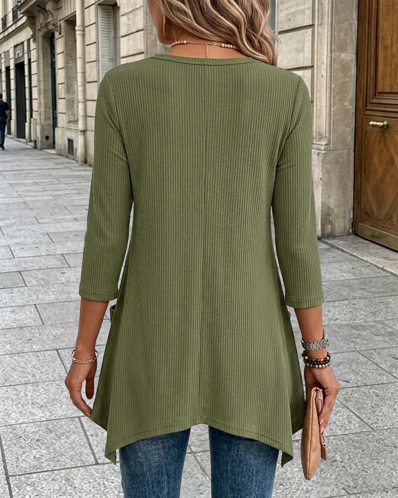 CHICMELIVE Womens 3/4 Sleeve Ribbed Tunic Asymmetrical Hem Loose Top