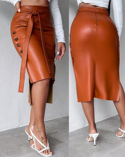 High Waisted Belted PU Leather Pencil Skirt Side Button Split Work Midi Skirt