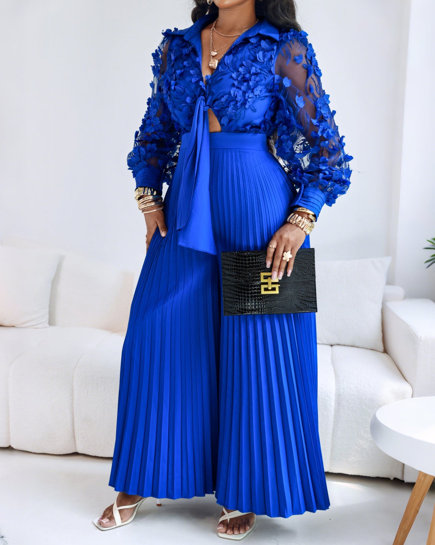 Jacquard Sheer Mesh Patch Turn-down Collar Jumpsuit Elegant Waist Tied Detail Pleated Flare Romper