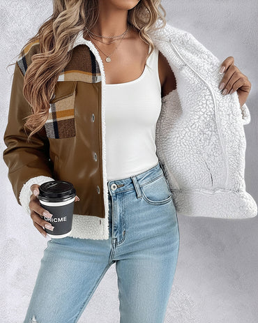 PU Leather Plaid Print Spliced Turn-down Collar Button Front Thermal Lined Jacket Casual Faux Shearling Trim Flap Pockets Design Crop Warm Coat
