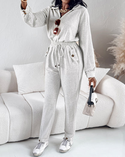 Turn-down Collar Overlap V-Neck Drawstring Stretchy Waist Jumpsuit Casual Flap Pockets Design Jumpsuit