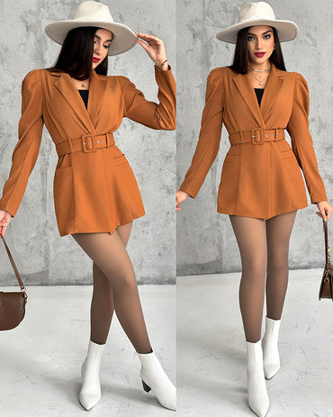 Notched Collar Puff Sleeve 2-in-1 Blazer Romper with Detachable Belt