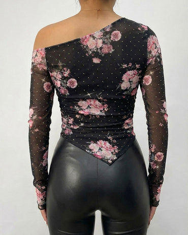 Women's Skew Neck Floral Mesh Top Rhinestone Long Sleeve Shirt Ruched Slim Fit Asymmetrical Hem Blouse with Thumbholes