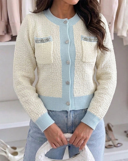 Women's Contrast Binding Knit Cardigan Pearl Beaded Textured Cropped Sweater Elegant Rhinestone Button Coat