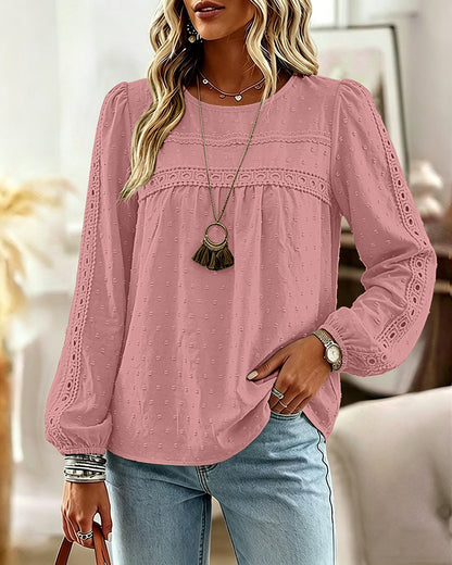 Women's Hollow-Out Lace Spliced Lantern Sleeve Top Elegant 3D Jacquard Chiffon Blouse for Work and Daily Wear