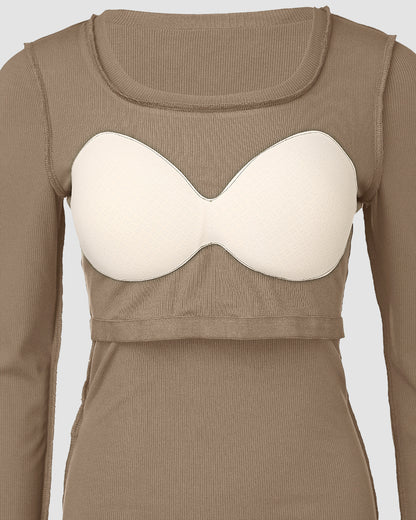 ChicMe Built-in Bra U-Neck Long Sleeve Ribbed Top