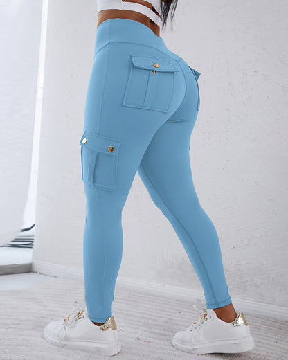 Butt Lifting Leggings with Flap Pockets High Waist Tummy Control Workout Cargo Pants