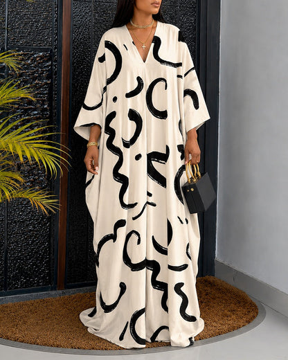 Women's Abstract Print Caftan Dress Loose V Neck Batwing Sleeve Maxi Dress Hollow Out Long Robe with Pockets