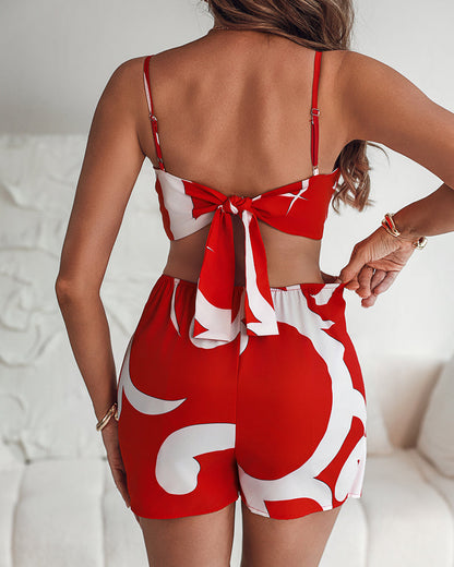 Floral Print Deep V-Neck Adjustable Spaghetti Straps Romper Casual Tied Back Cutout Slim Fit Skort Romper