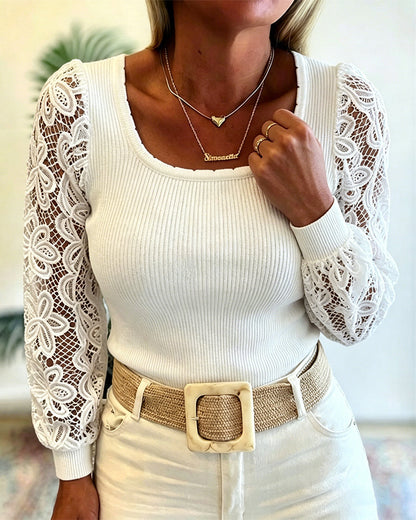 Women's Ribbed Knit Top Square Neck Lace Long Sleeve Shirt Slim Fit Elegant Pullover Top