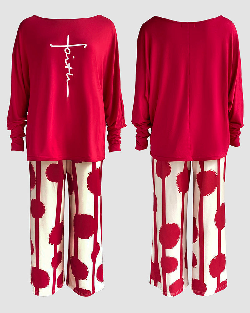 2 Pieces Outfit Letter Print Batwing Sleeve Loose Top and Striped & Polka Dot Print Elastic Waist Pants Set Casual Pajamas Set