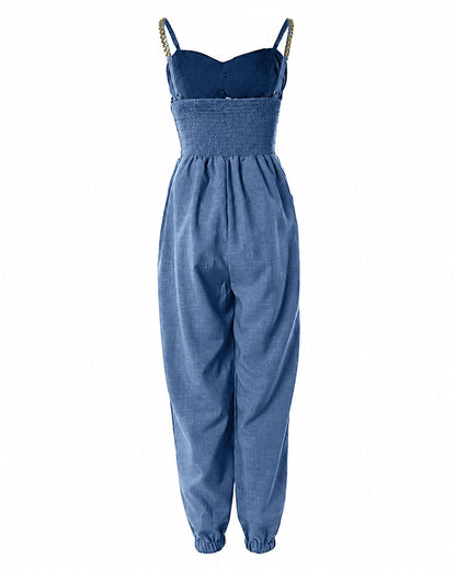 Women's Chain Decor Straps Jumpsuit Hollow Out Shirred Waist Overalls Casual Jogger Jumpsuit with Pockets