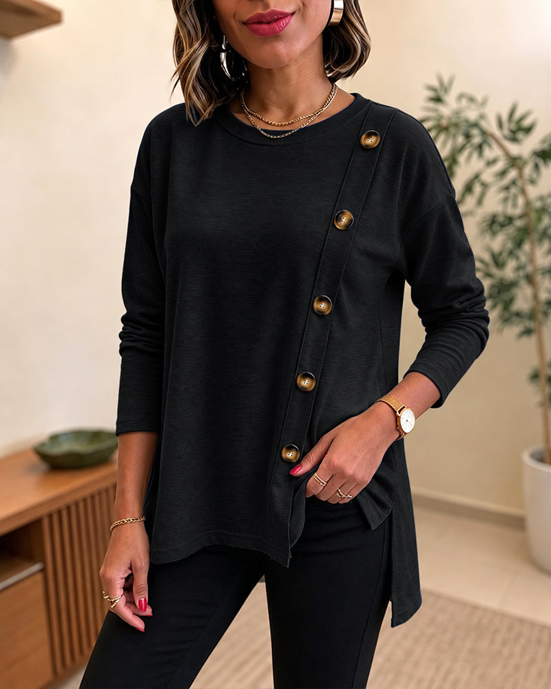 CHICMELIVE Womens Long Sleeve Tops with Buttons Dressy Casual Crewneck Shirts