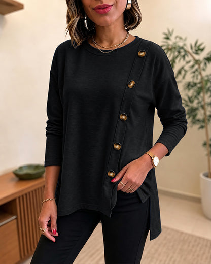 CHICMELIVE Womens Long Sleeve Tops with Buttons Dressy Casual Crewneck Shirts