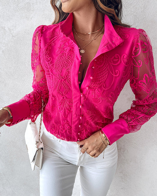 Women's Elegant Mesh Patchwork Shirt Floral Embroidery Stand Collar Pearl Button Long Sleeve Blouse