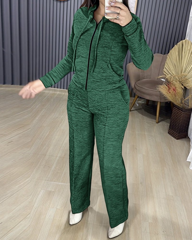 2 Pieces Outfit Long Sleeve Zip Up Drawstring Hoodie Coat and Casual Elastic Waist Seam Front Wide Leg Pants Set