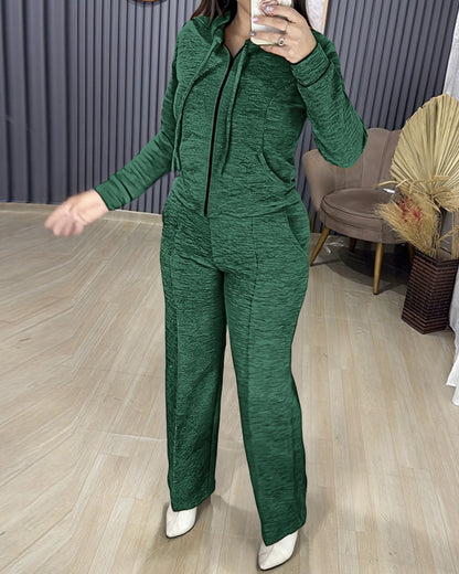 2 Pieces Outfit Long Sleeve Zip Up Drawstring Hoodie Coat and Casual Elastic Waist Seam Front Wide Leg Pants Set