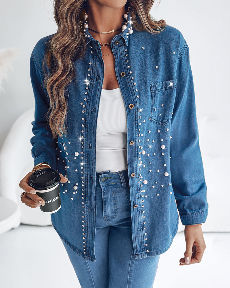 Pearls & Rhinestone Decor Turn-down Collar Button Front Denim Shirt Coat Casual Top