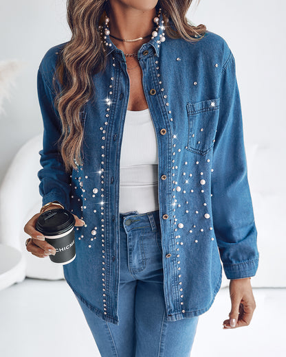 Pearls & Rhinestone Decor Turn-down Collar Button Front Denim Shirt Coat Casual Top