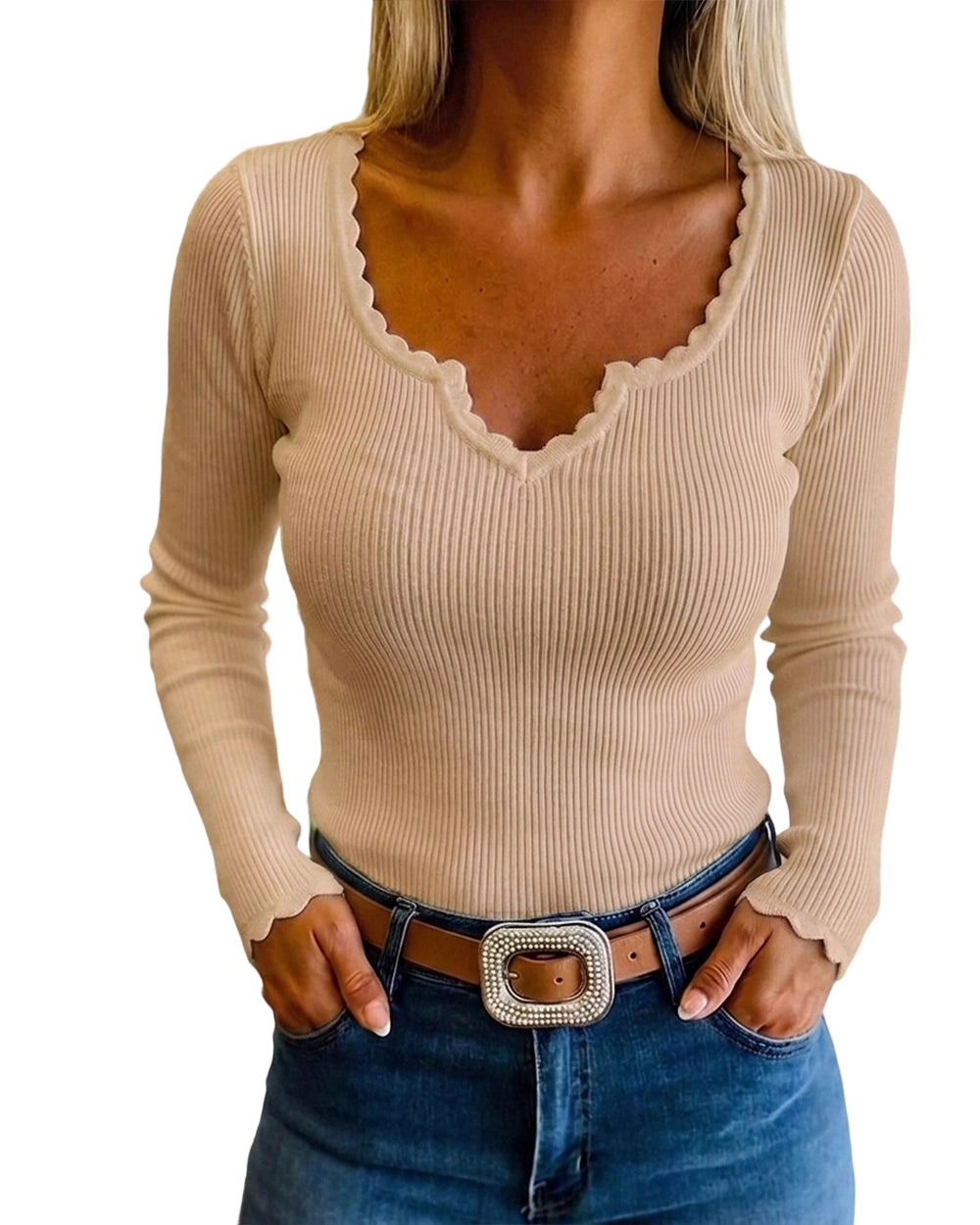 CHICMELIVE Women's Ribbed Knit Long Sleeve Henley Tops Basic Tees