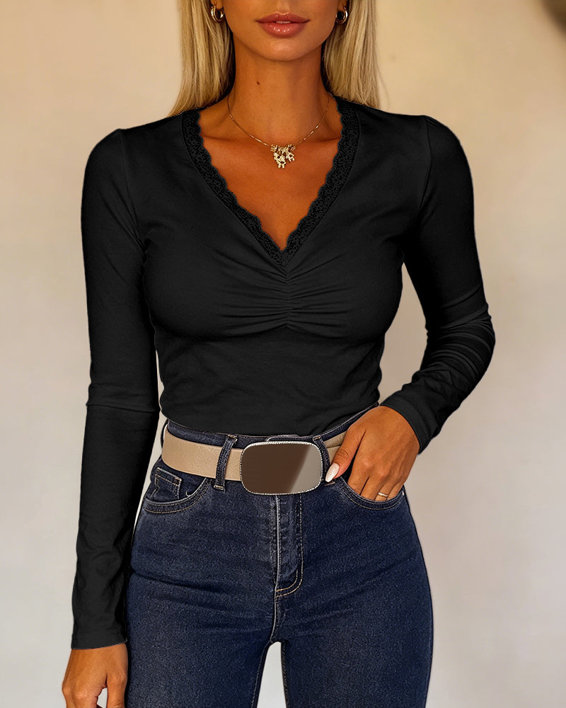 CHICMELIVE Women Lace Long Sleeve Top V Neck Fitted Shirts Fall Blouses